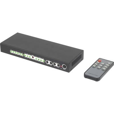 A black AV switcher with multiple input and output ports, alongside a remote control with channel selection buttons.