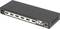 A black HDMI splitter with five HDMI outputs, two audio ports and a power switch on the rear.
