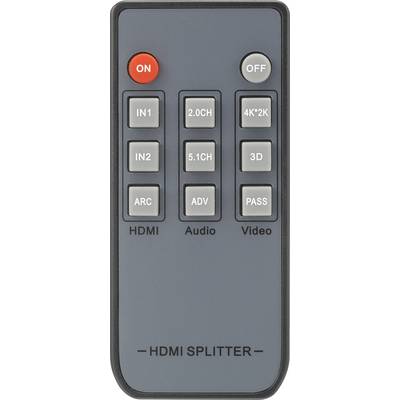 Remote control with a grey casing and multiple buttons. Buttons for HDMI inputs, audio modes, video settings, power on/off switch.