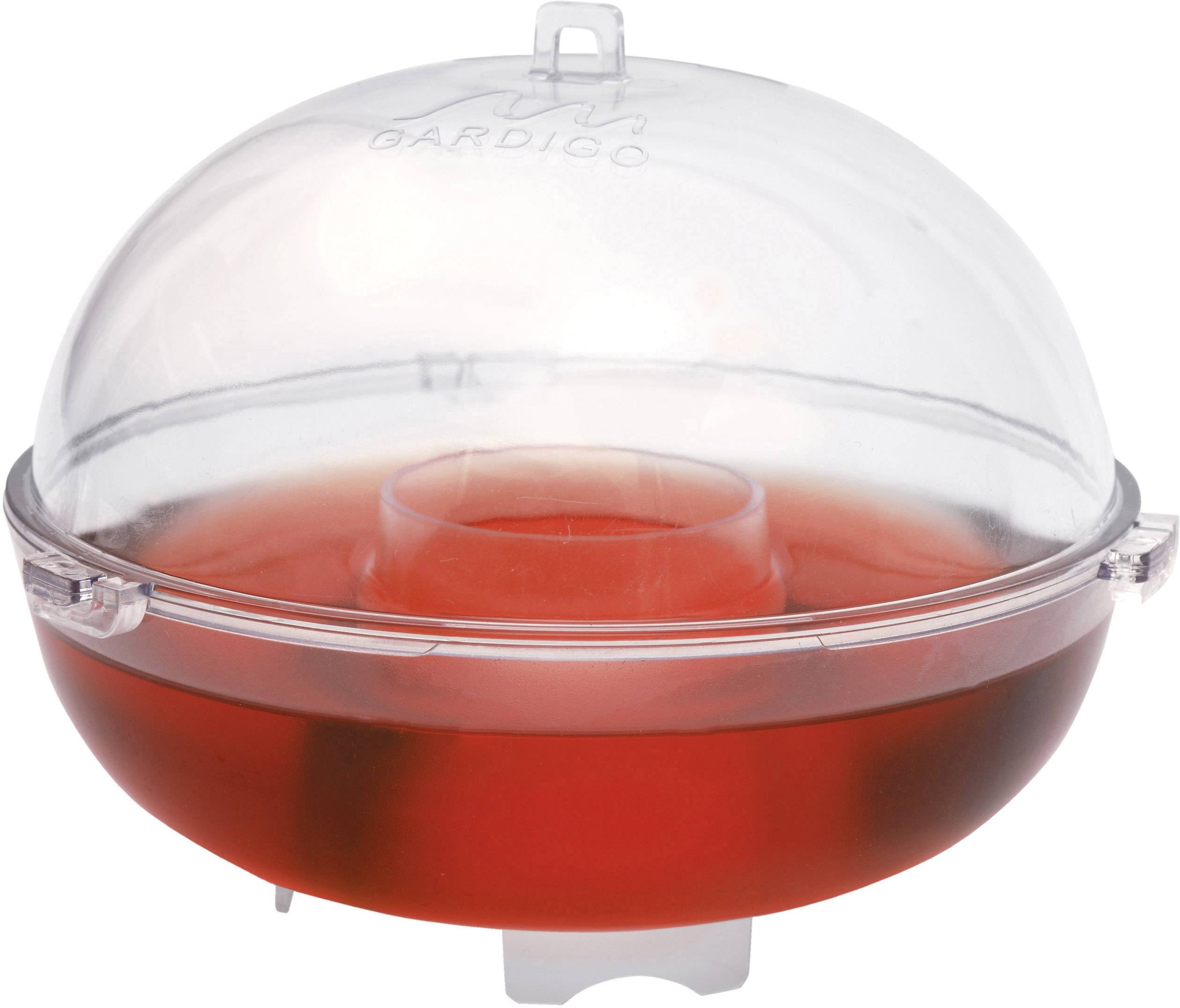 Transparent insect trap with a red base and clear dome, used for monitoring and controlling insects.