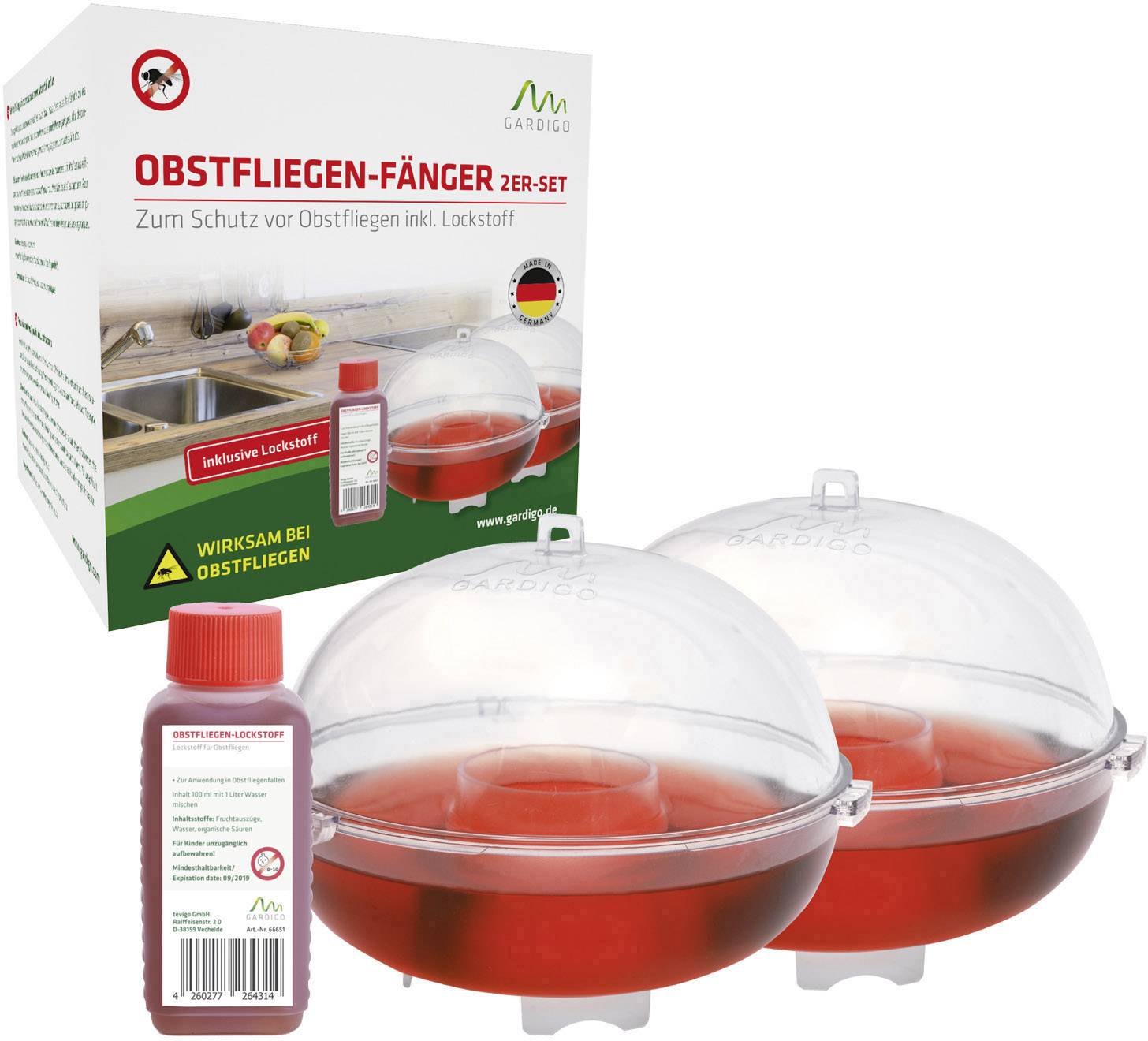 Packaging for a fruit fly trap set with two round traps and an attractant bottle, protects against fruit flies indoors.