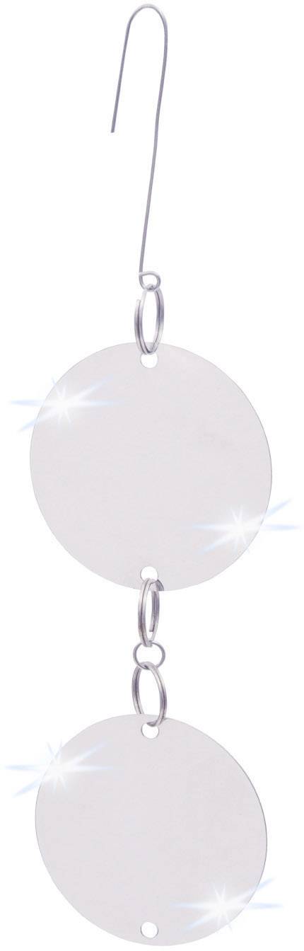 A silver earring with two round, shiny pendants connected by loops.