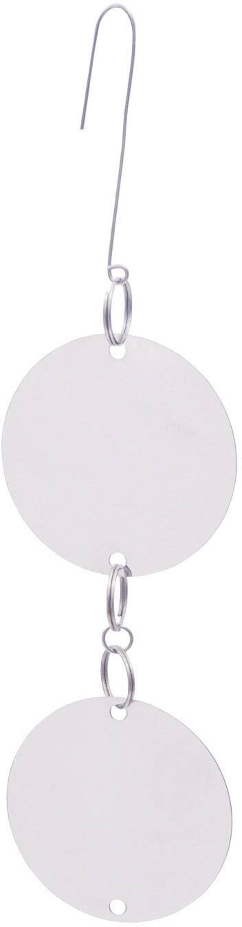 Silver earring with two round, flat discs, connected by small rings. Simple and modern design.