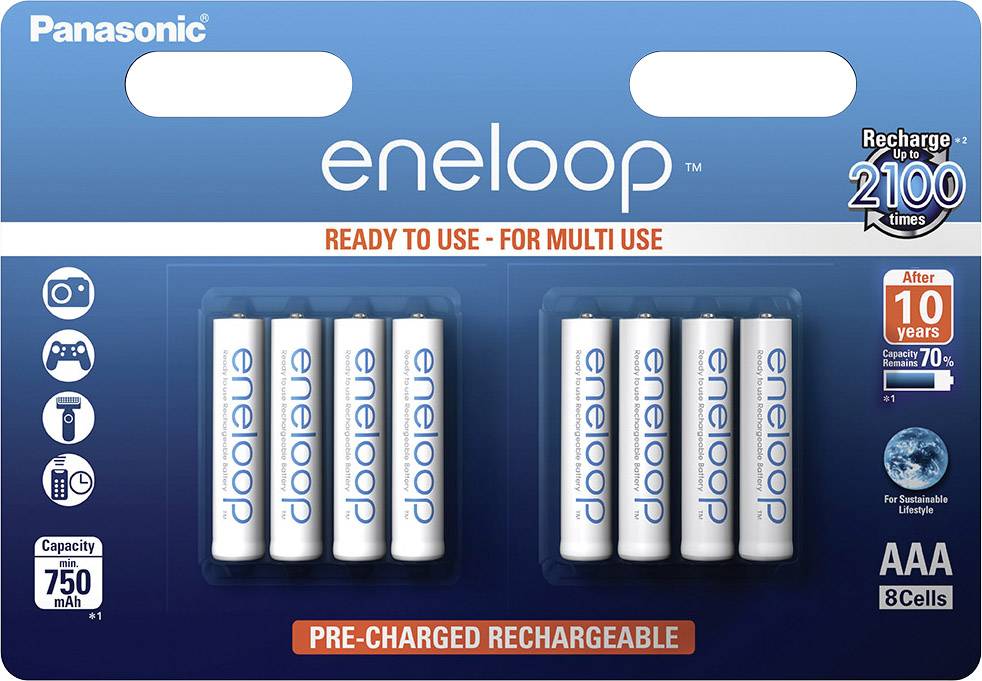 Eight AAA Eneloop rechargeable batteries, pre-charged and reusable. Suitable for gaming consoles, cameras and remote controls. 750 mAh capacity, up to 2,100 charge cycles. Sustainable.