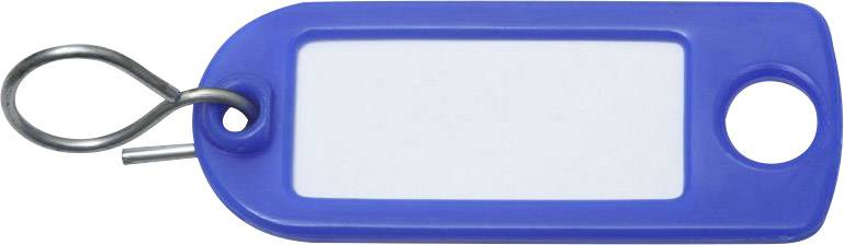 Blue keyring with metal ring and blank white label for writing on.