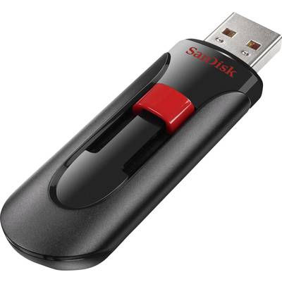 A black USB stick with a red slider and 'SanDisk' printed in red lettering.