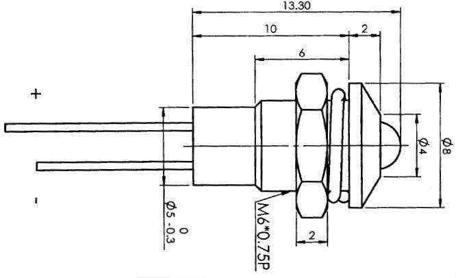 Technical drawing of a component with dimensions: Total length 13.30 mm, diameter 5 mm, thread M6 x 0.75.