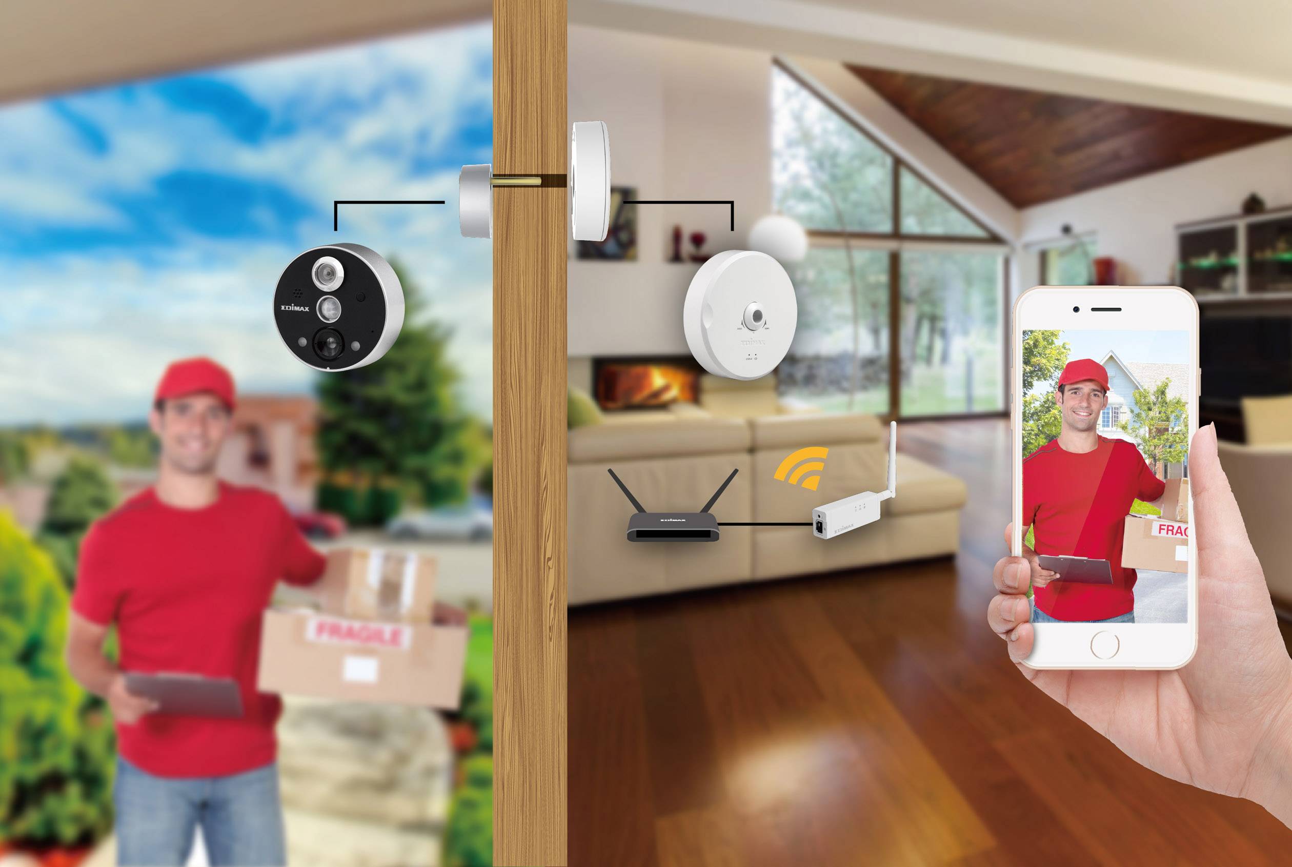 A delivery person in red is holding a package by the door. A camera is transmitting the image to a smartphone inside the house, showing the delivery.