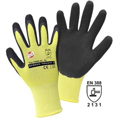 Two work gloves, yellow with black palm, suitable for touchscreens. Print: 'Type 14906 Size 10', 'EN 388 2131'.