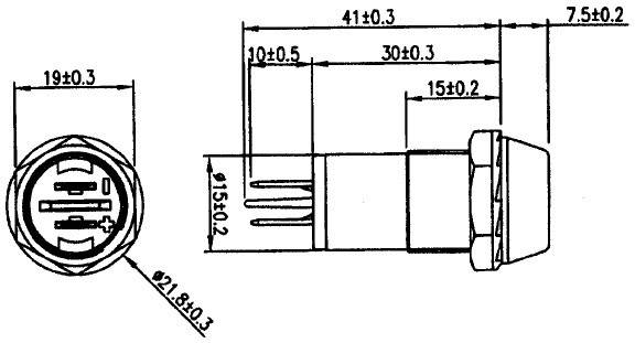 Connector drawing with dimensions: 7.5 mm to 41 mm in length, 19 mm in diameter. Side and front views shown.