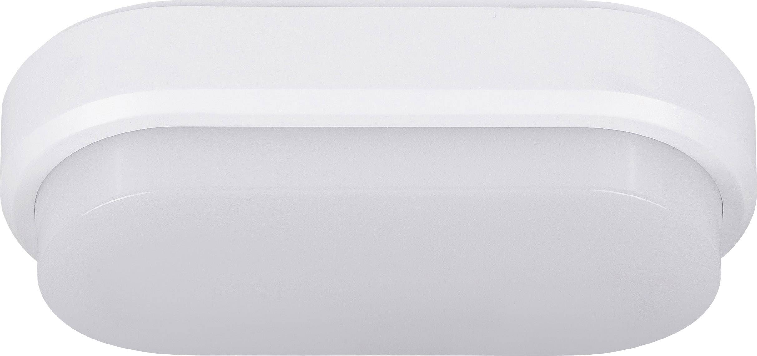 White, oval ceiling light made of plastic, minimally designed and mounted on a flat surface. Ideal for subtle lighting.