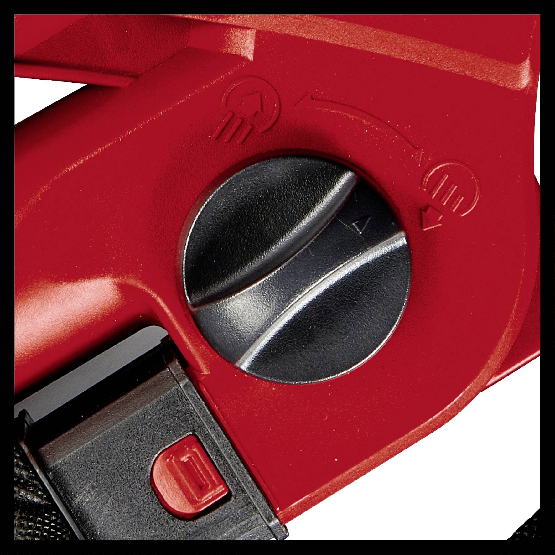 Red toggle switch with a black rotary knob and arrow symbols. A small red symbol with a white letter is located in the bottom left.