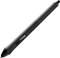 A black graphic tablet pen lies at an angle. It has two side buttons and a fine tip, suitable for precise digital rendering.