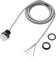 Grey sensor with long cable and four exposed wires, accompanied by two round black mounting elements.