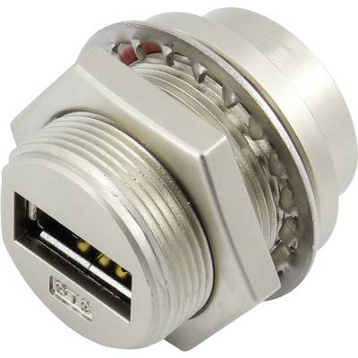A silver USB port in a metallic casing, typically used for mounting on panels, with several visible contact pins.