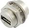 A silver USB port in a metallic casing, typically used for mounting on panels, with several visible contact pins.