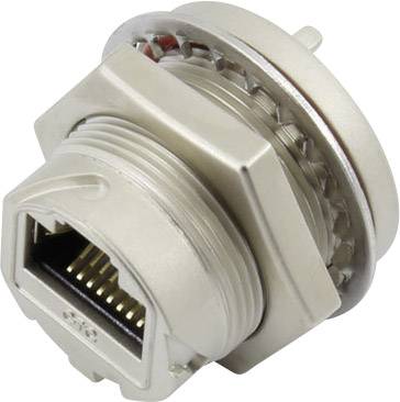 A metal Ethernet connector designed for industrial applications, with a robust, threaded-secure housing.