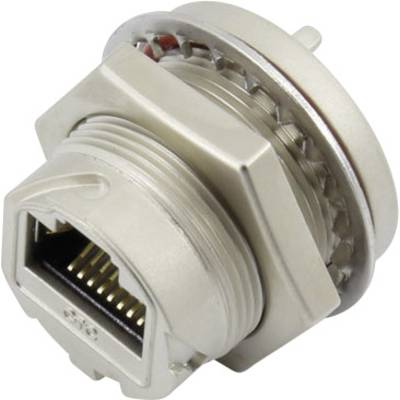 A metal Ethernet connector designed for industrial applications, with a robust, threaded-secure housing.