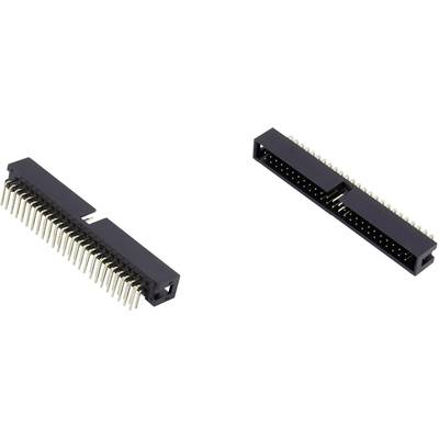 Two black printed circuit board connectors with gold-plated pins, left component is angled, right component is straight.