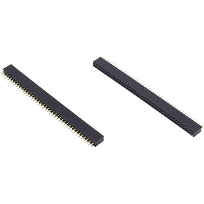 Two straight rows of connectors with multiple metal pins, displayed on a white background. They are used for electrical connection of components.