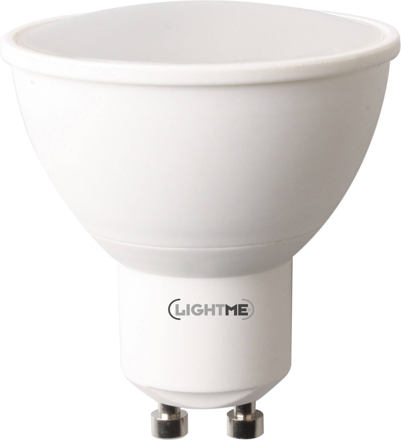 A white LED light bulb with a GU10 base by LIGHTME, suitable for various lighting applications in the home or office.