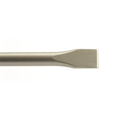 Metallic chisel with a flat, broad blade. Primarily used as a tool for chiselling or cutting materials.