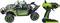 Remote-controlled car with green and black bodywork and large wheels, alongside matching remote control.