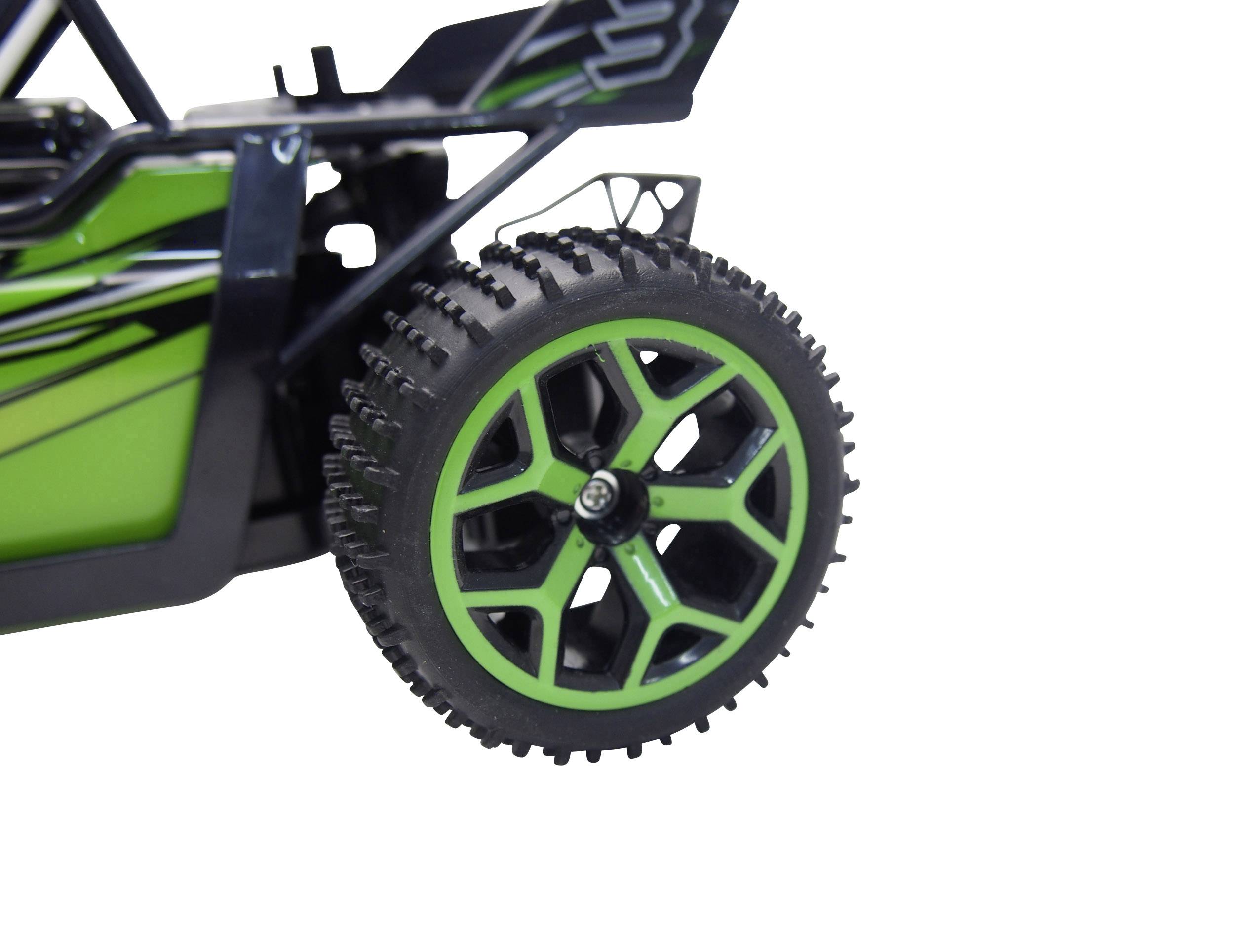 A green toy car with a detailed, textured wheel and black frame, partially visible from the side, on a white background.