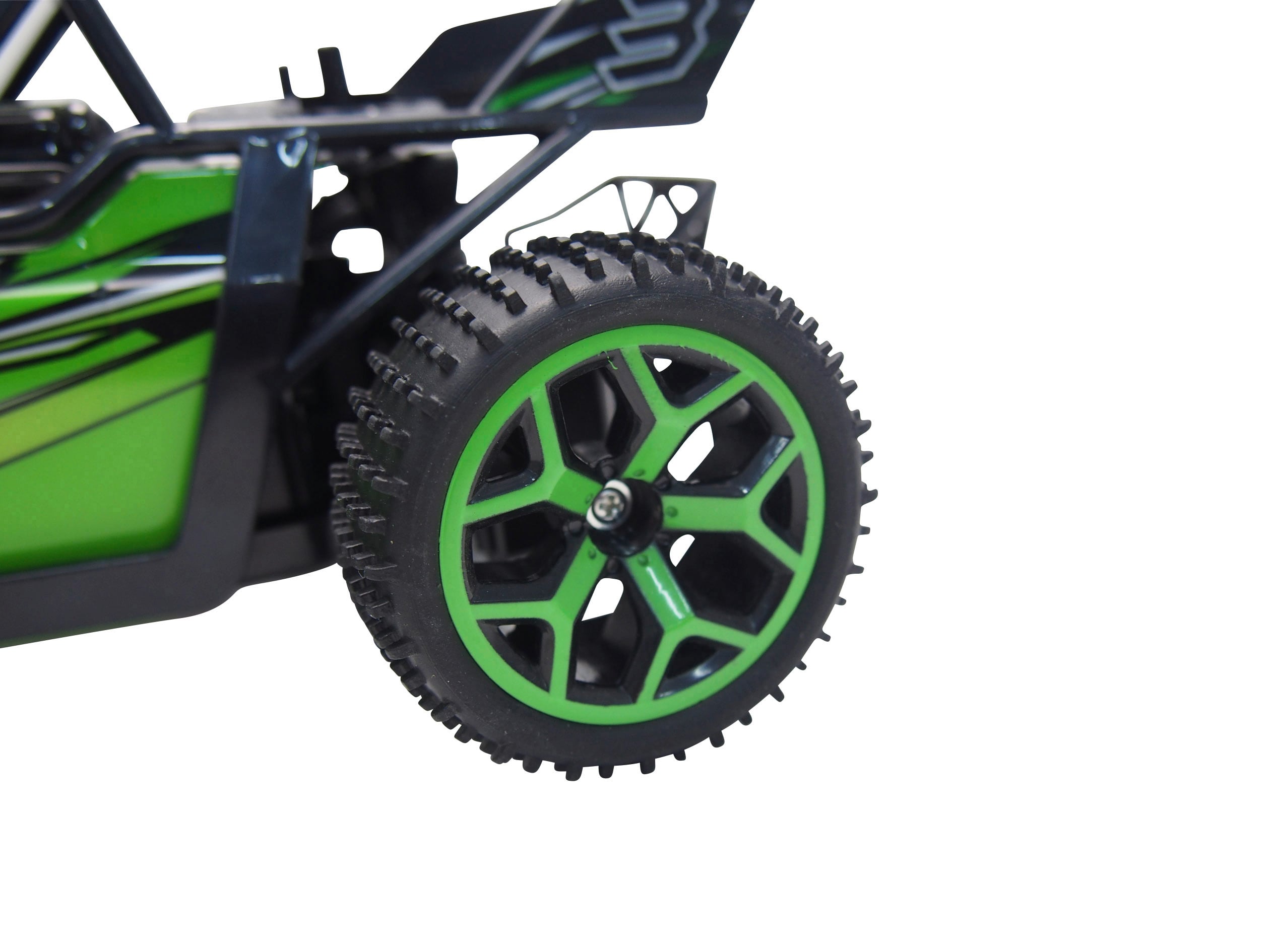 A green toy car with a detailed, textured wheel and black frame, partially visible from the side, on a white background.