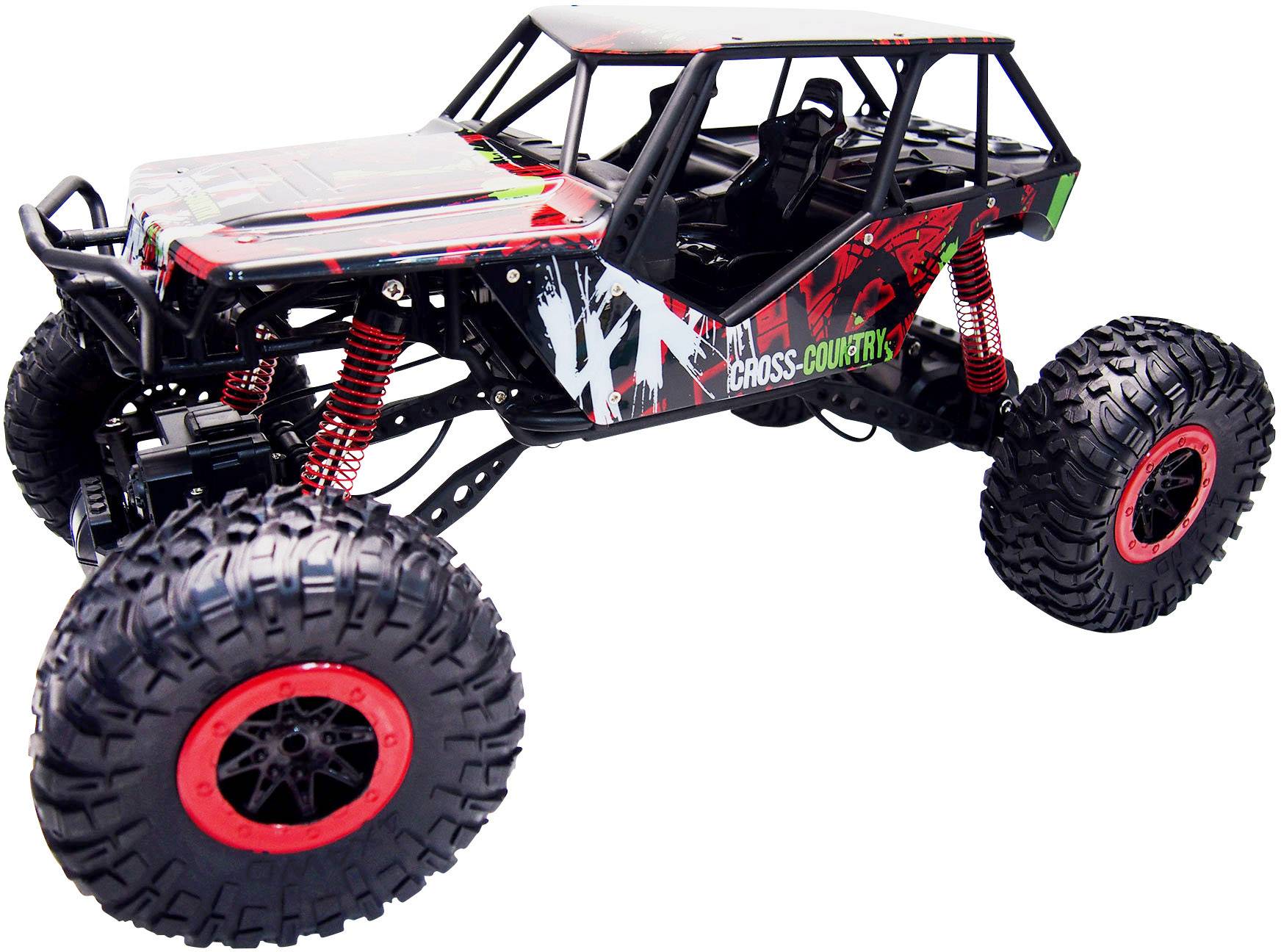 A remote-controlled off-road vehicle with large, robust wheels and a black-and-red bodywork with the inscription 'Cross-Country'.