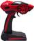 Red and black remote control device with a large wheel on top, suitable for controlling remote-controlled vehicles.