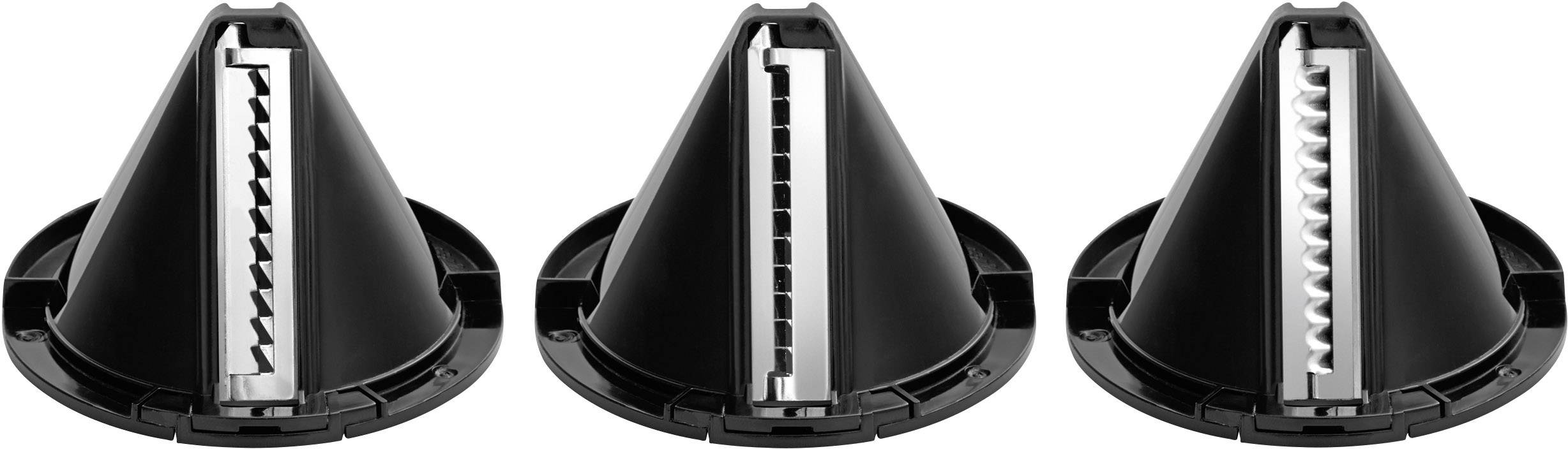 Three black plastic cones with different serrated metal blades, placed side by side in a row.