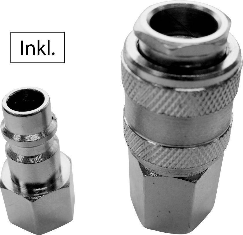 Two metal couplings: on the left a small connector nipple, on the right a larger quick-release coupling with a ridged edge.