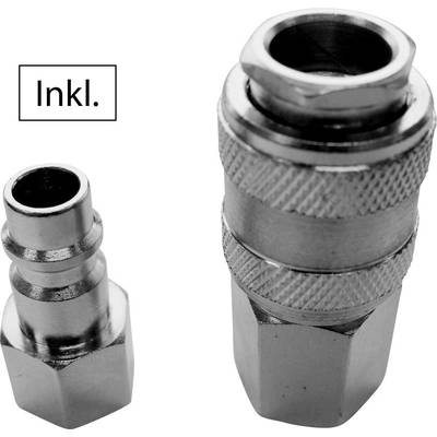Two metal couplings: on the left a small connector nipple, on the right a larger quick-release coupling with a ridged edge.