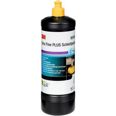 Black bottle with yellow cap, 3M logo. Label reads: "Extra Fine PLUS Polishing Compound". Contains usage instructions and safety information.