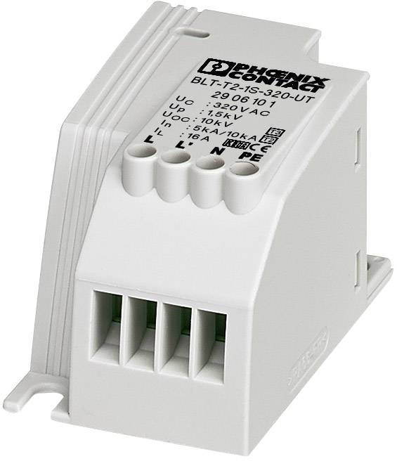 A surge protection device from Phoenix Contact, model BLT-T2-1S-320-UT, with connections and technical specifications on the top side.