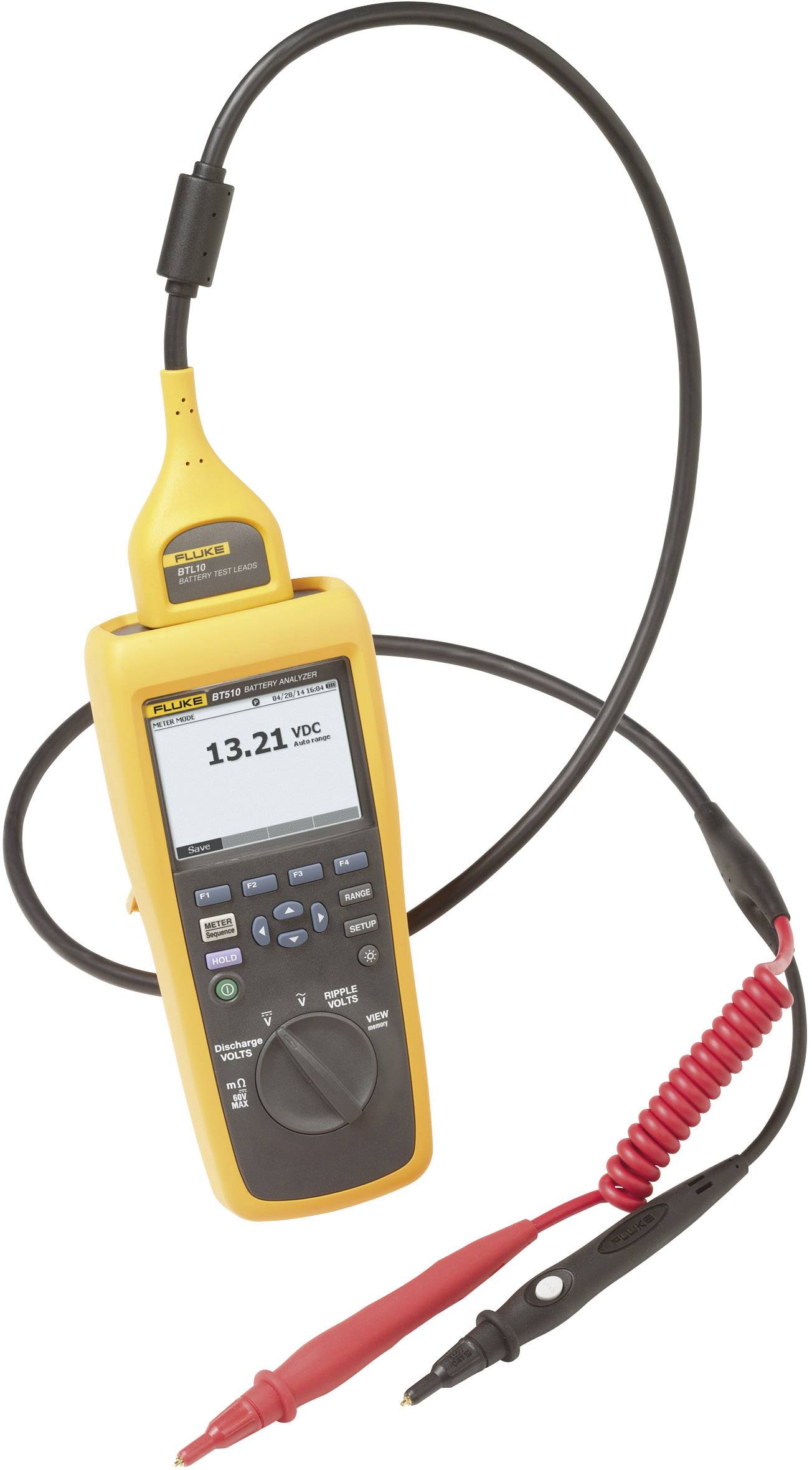 Digital multimeter with a yellow casing, display showing '13.21 VDC'. Connection cable with red and black probes.