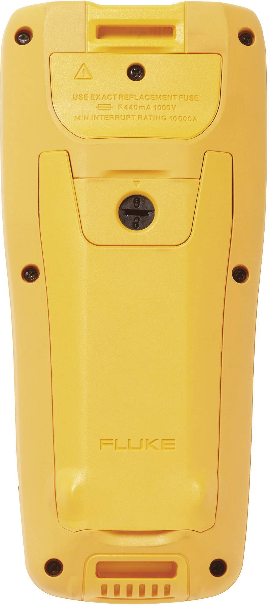 'Yellow measuring device with battery compartment, safety warning: "Use Exact Replacement Fuse". Brand: Fluke.'