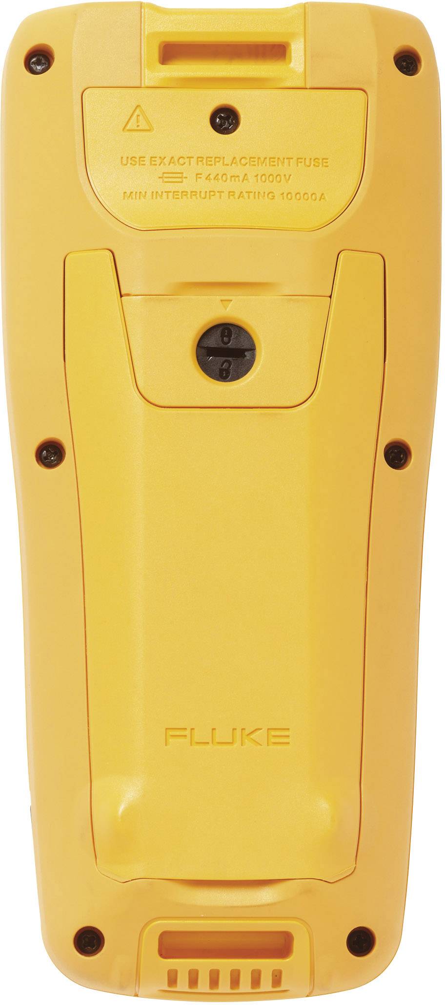 The image shows the back of a yellow electronic device with a battery compartment, fuses, and a brand name at the bottom.
