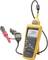 Handheld multimeter with a yellow casing and cables for measuring electrical voltage and resistance. Display shows measurement readings.