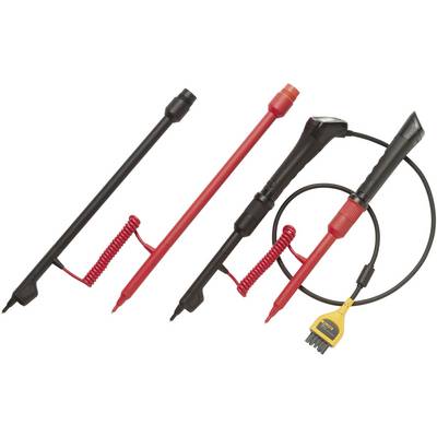'Four voltage testers with black and red handles and coiled cables. One has a yellow clip at the end.'
