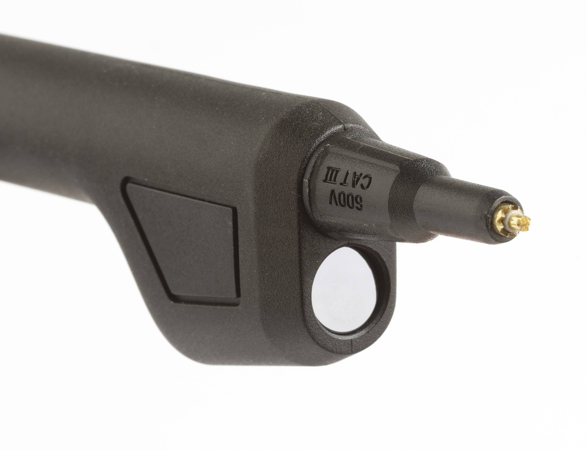 Oscilloscope probe with a sleek, black design and measurement tip, labelled 'CAT III 600V'.