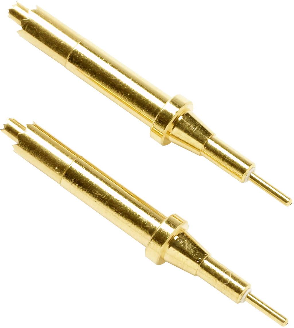Two gold-coloured, conically tapering pin contacts, presumably components of an electrical connector.