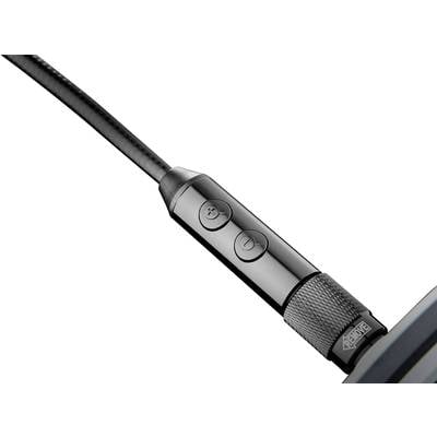 Close-up of a black cable with two buttons: volume up and down with a microphone. The casing is glossy.
