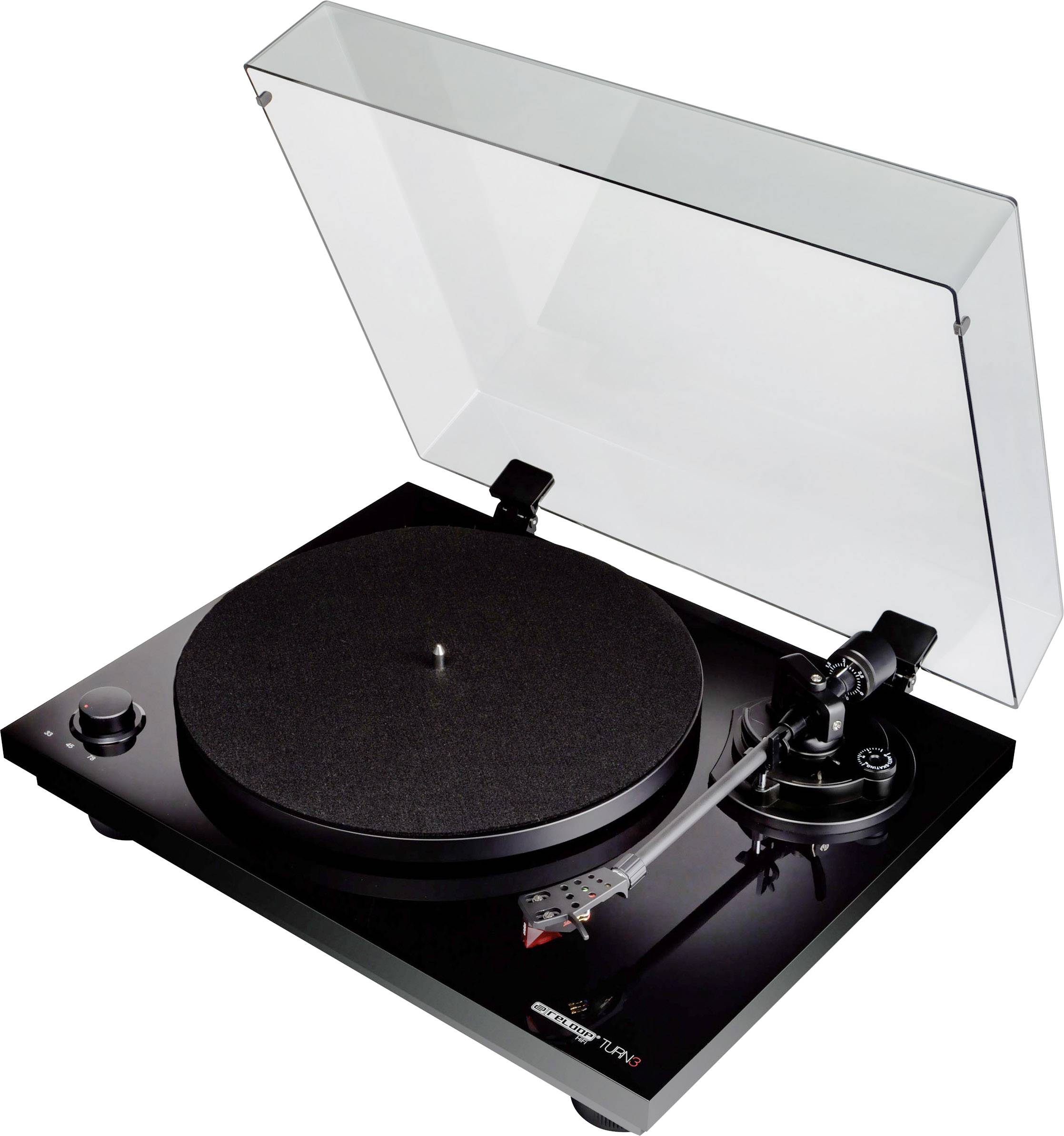'A modern turntable with a transparent lid, black casing and tonearm on a circular platter, ready for use.'