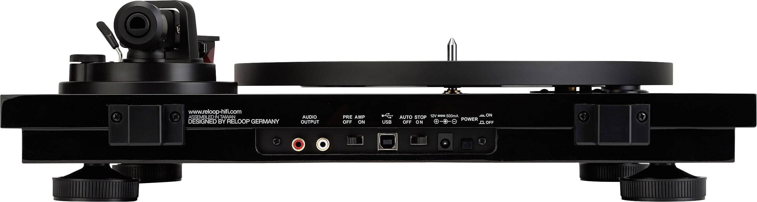 Black record player viewed from behind, showing connections and controls.