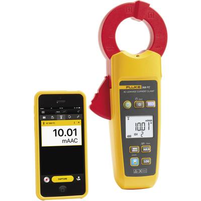 Current clamp meter with digital display and smartphone app. Measured value: '10.01 mAAC'. Shows alternating current leakage.