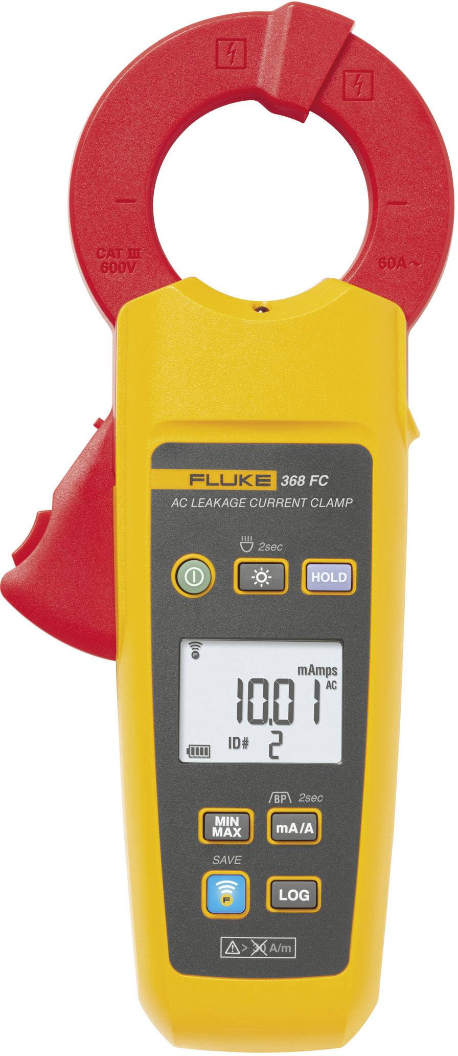 A yellow clamp ammeter, model 'Fluke 368 FC', used for measuring alternating current leakage currents. Display shows '10.01 mA'.