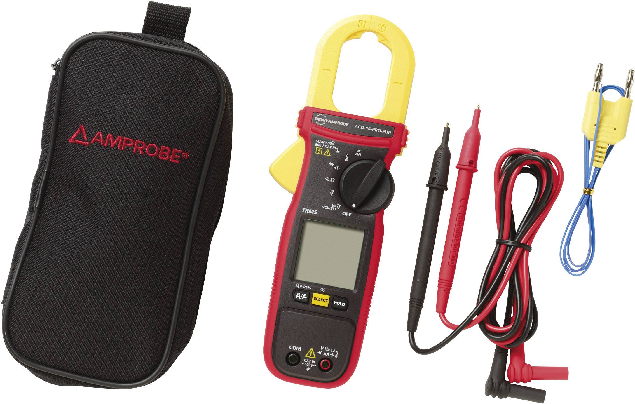 A digital clamp multimeter with cables and carrying case. The device has a yellow and red design for electrical measurements.