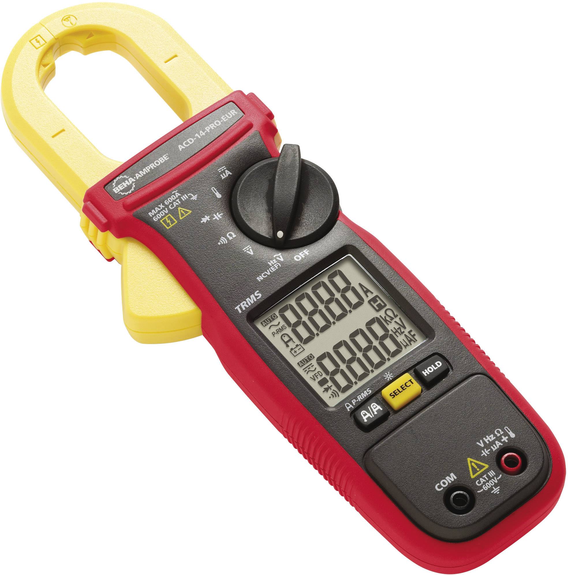 A digital multimeter with yellow current clamps and a red casing displays readings on a screen. It has various measurement functions.
